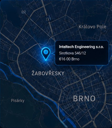 Ilustrační tmavá mapa Brna se zvýrazněním sídla Inteltech Engineering